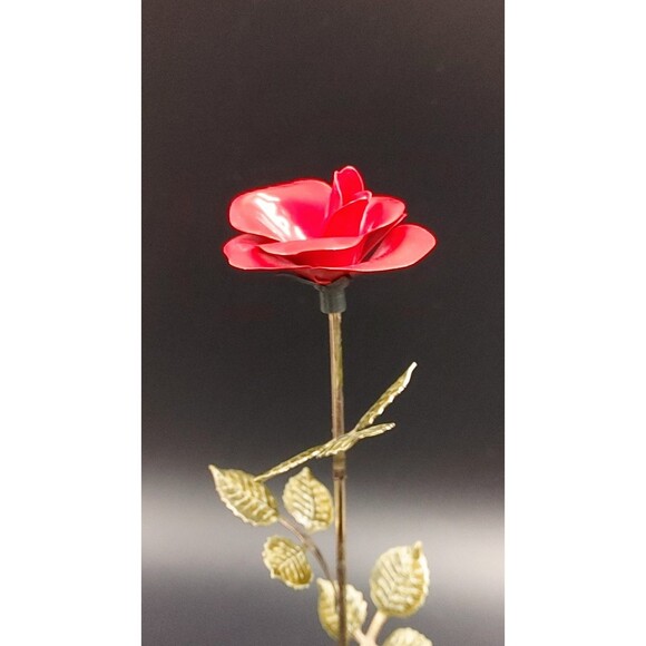 1977 MANN Red Rose Brass Bud Vase Metal Art Flower and Vase Vintage Metalwork - Picture 7 of 12